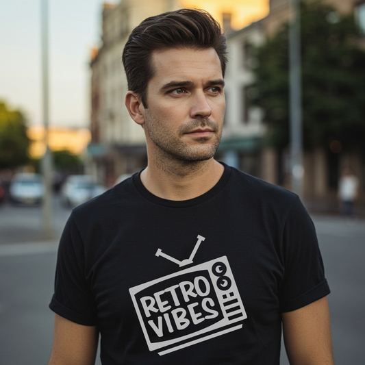 NjoyTek Retro Collection-'Retro Vibes' Graphic shirt worn in Retro Lifestyle Scene