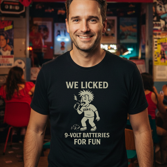 We Licked 9-Volt Batteries for Fun, GEN-X unisex humor T-Shirt