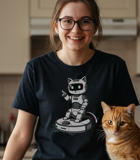 Unisex Robot Cat Going for a Ride. Silly T-shirt.