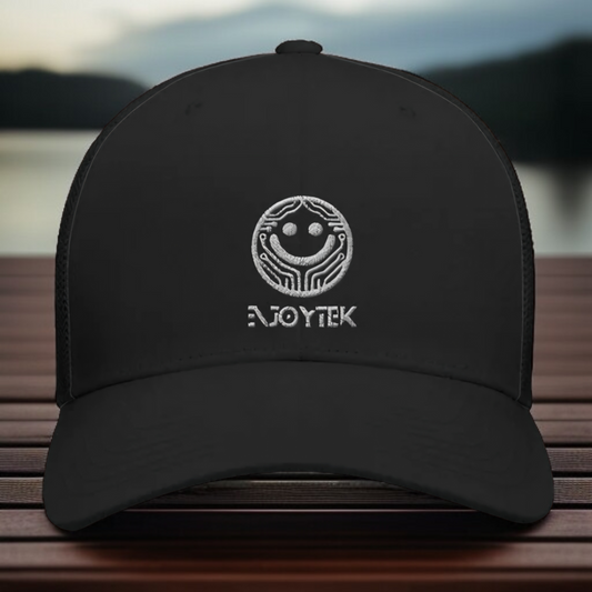 Snapback Embroidered 'NjoyTek' Logo Flexfit brand, trucker style hat. Black