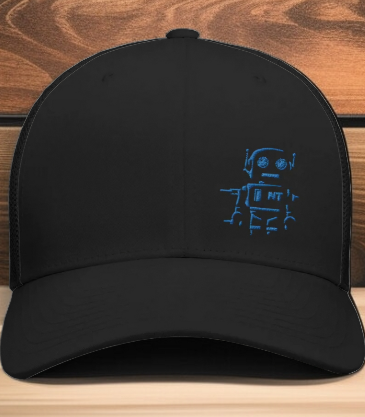 Snapback Embroidered 'Tek Bot' Flexfit brand trucker style hat. Black.