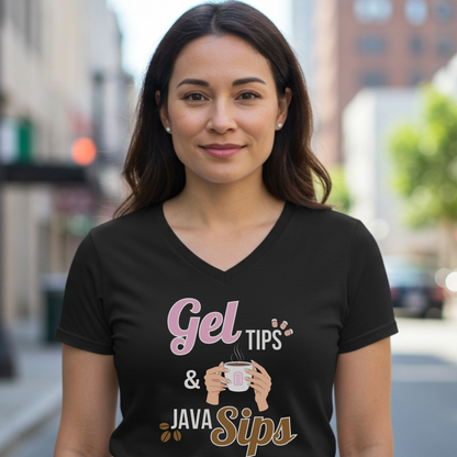 Gel Tips & Java Sips V-Neck T-Shirt for Coffee Lovers