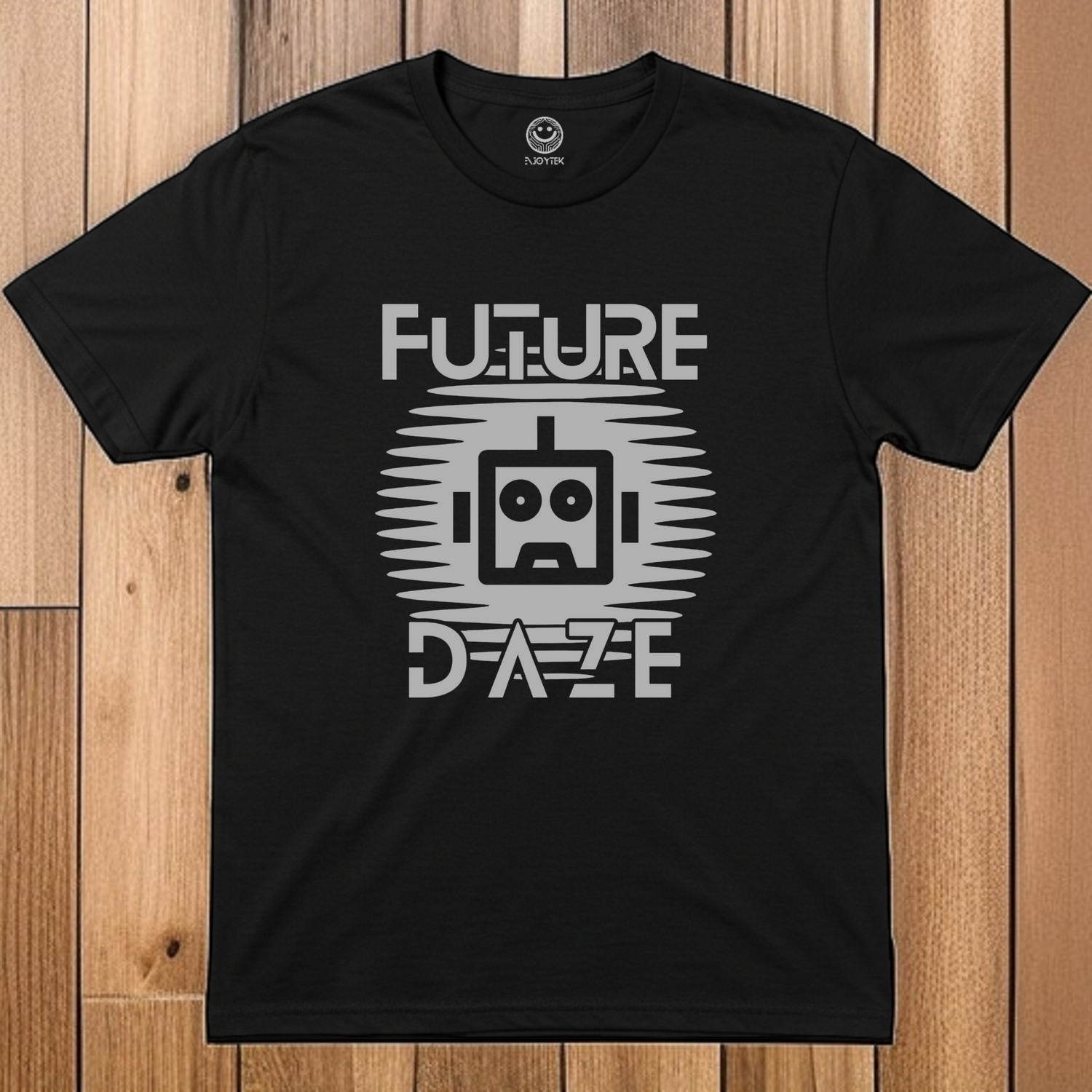 NjoyTek Future collection - 'Future Daze' Retro Robot Graphic Flat Lay on Black T-shirt