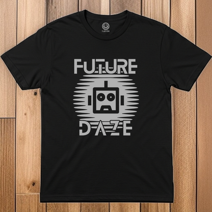 NjoyTek Future collection - 'Future Daze' Retro Robot Graphic Flat Lay on Black T-shirt
