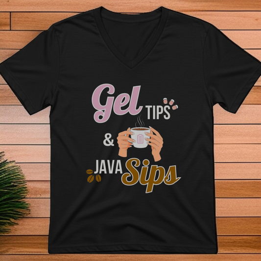 Gel Tips & Java Sips V-Neck T-Shirt for Coffee Lovers