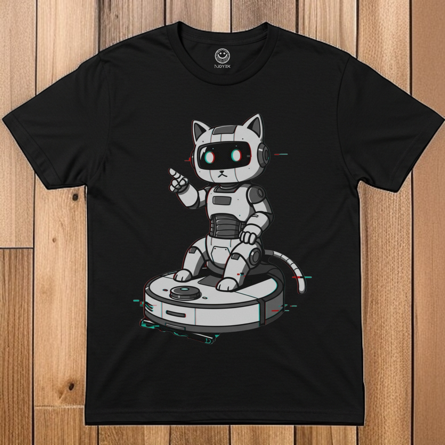 Unisex Robot Cat Going for a Ride. Silly T-shirt.