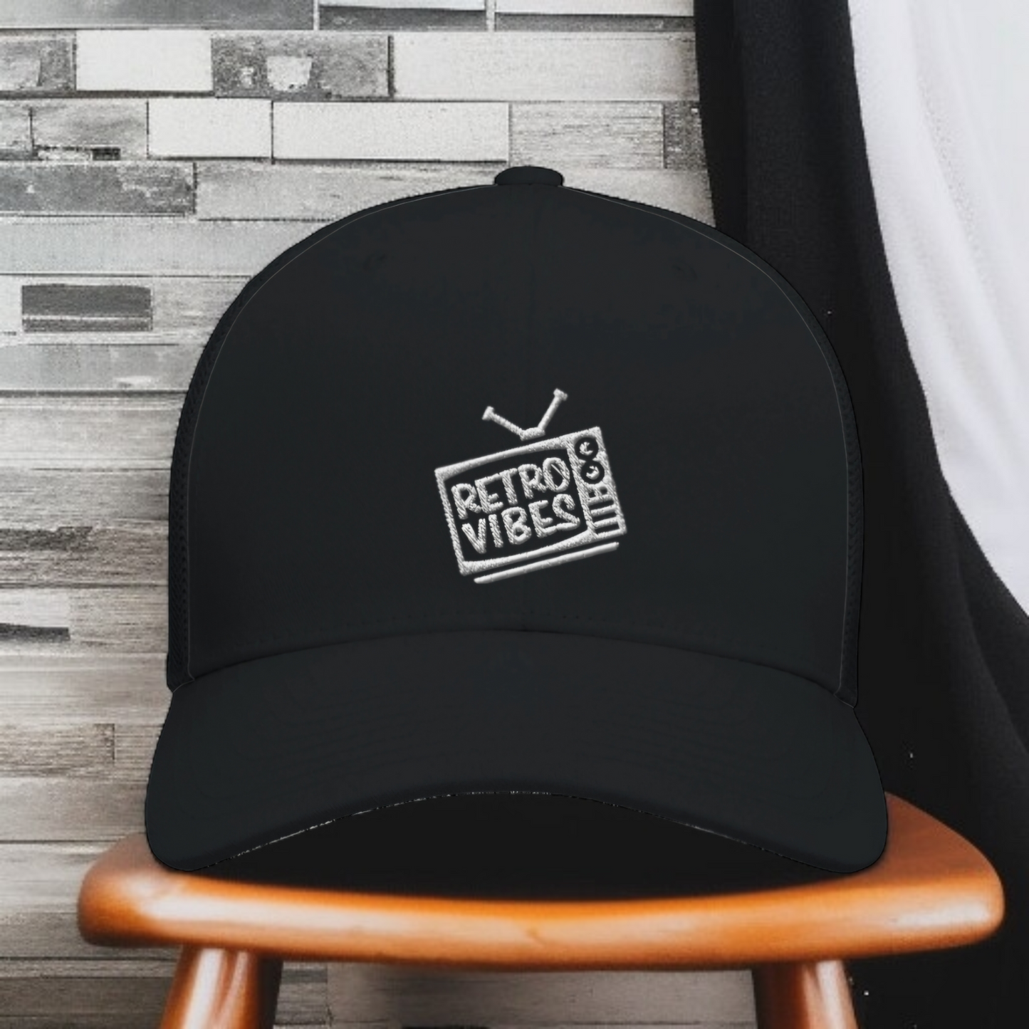 'Retro Vibes' Adult 6-Panel Trucker Cap | Flexfit 6511 Black