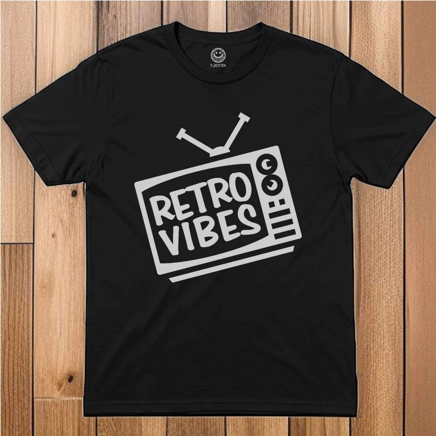 NjoyTek Retro Collection-'Retro Vibes' 80s TV graphic Flat Lay on Black T-shirt