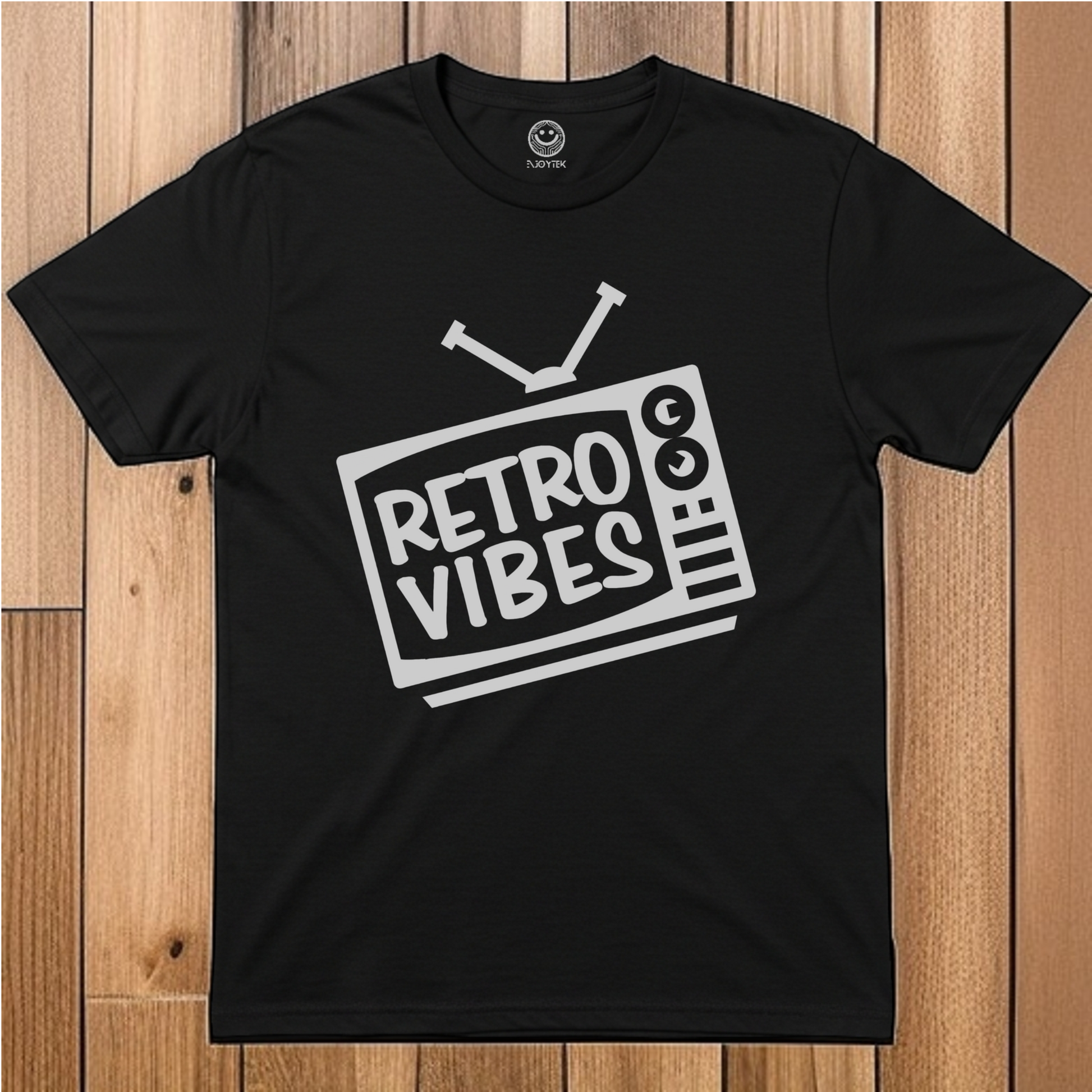 NjoyTek Retro Collection-'Retro Vibes' 80s TV graphic Flat Lay on Black T-shirt