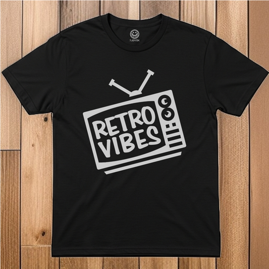NjoyTek Retro Collection-'Retro Vibes' 80s TV graphic Flat Lay on Black T-shirt