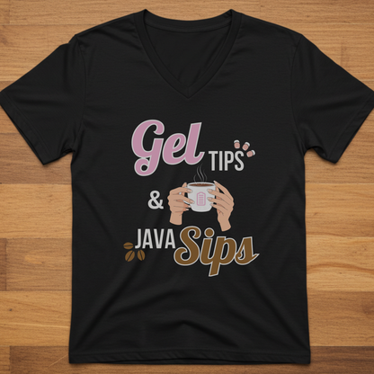 Gel Tips & Java Sips V-Neck T-Shirt for Coffee Lovers